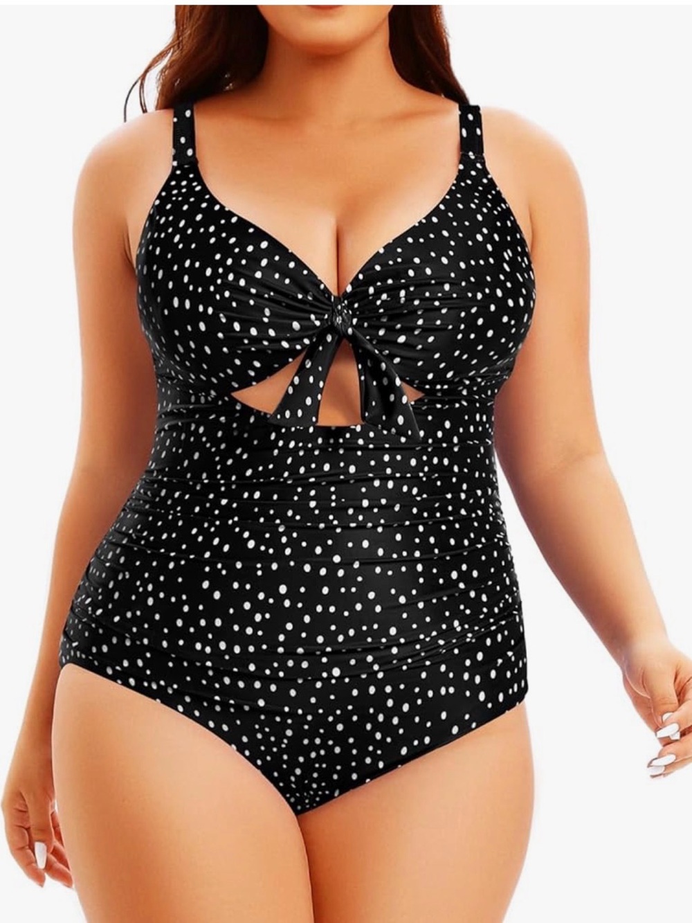 Plus Size Black Polka Dot One-Piece Swimsuit with Twist Front